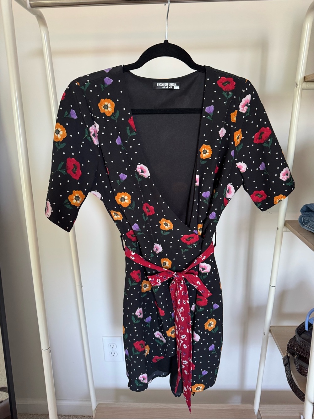 Fashion Union Black Floral Mini Dress with Red Tie